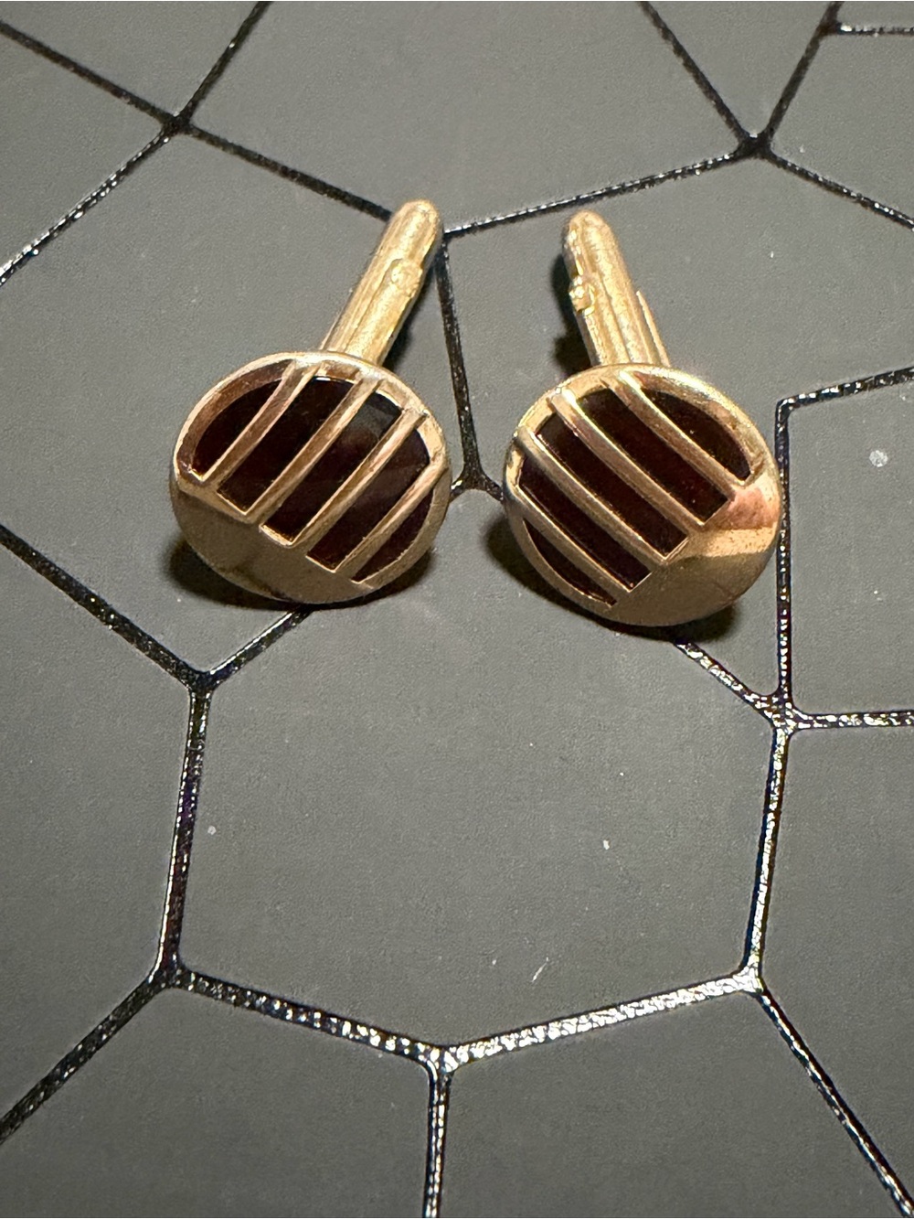 Vintage Swank Cufflinks Gold Tone Burgundy Round Striped Mid Century